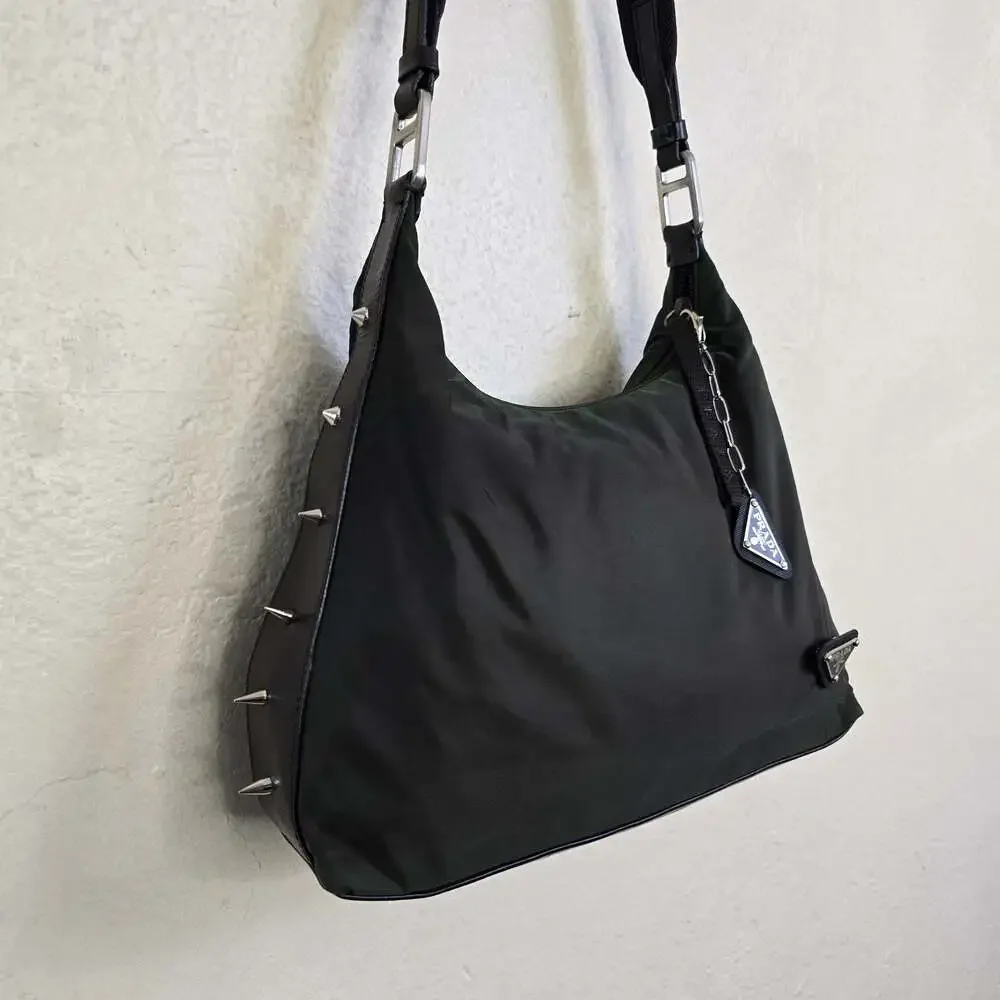 Prada Tessuto Custom Nylon Dark Green Shoulder Bag with Studs
